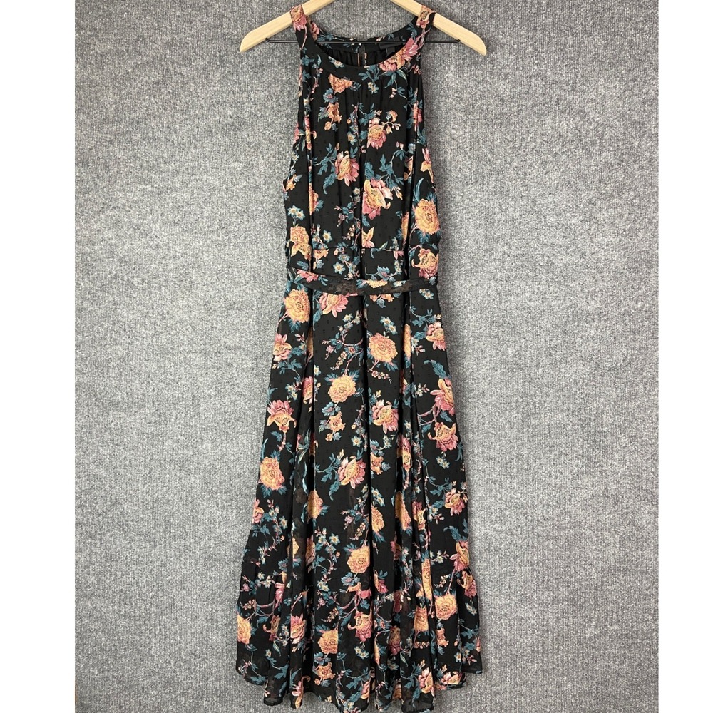 NEW Torid Tea Length Dress 2X Black New Floral Clip Dot Hi Neck Tiered Midi